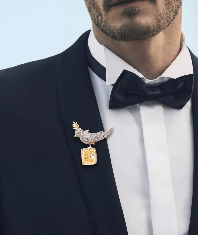 Bird brooch tuxedo styling