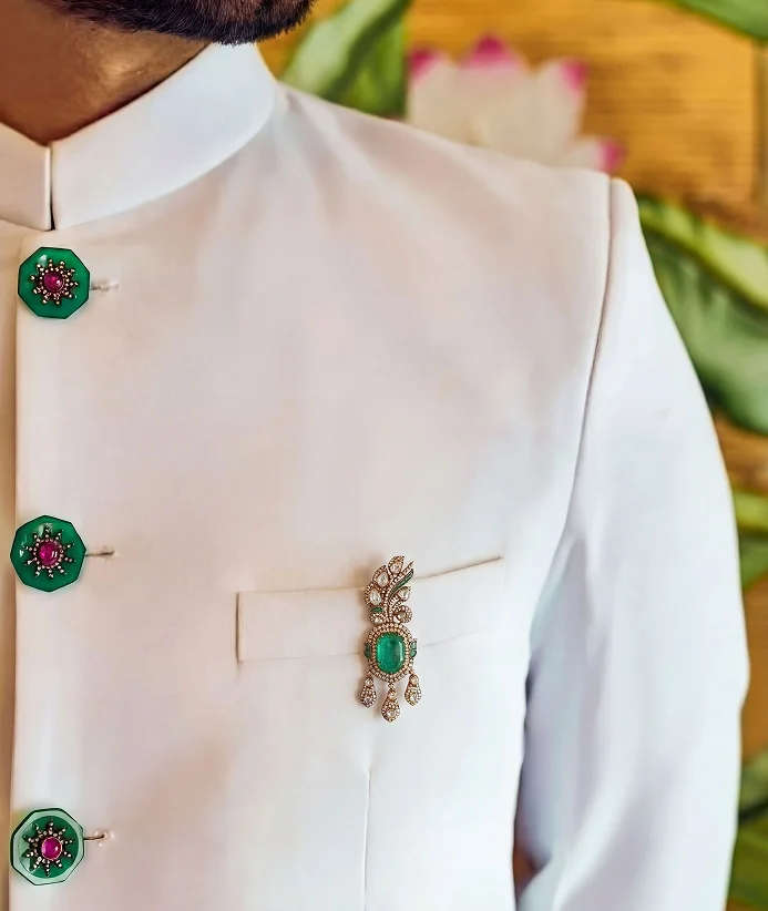 Emerald brooch ivory sherwani