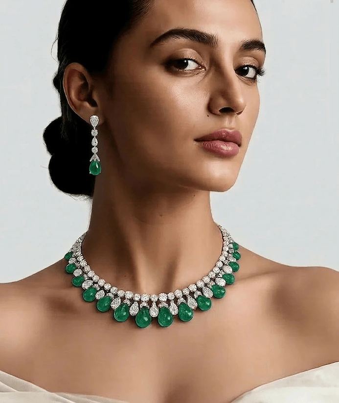 Emerald diamond necklace close-up
