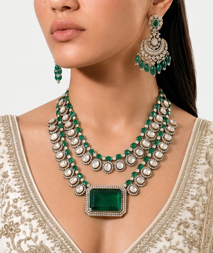 Emerald layered necklace close-up