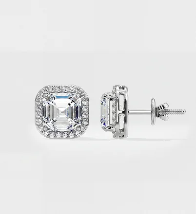 Cushion cut diamond stud earrings with halo setting on white background