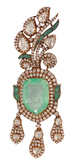 Ornate gold pendant with emerald center stone and diamond detailing